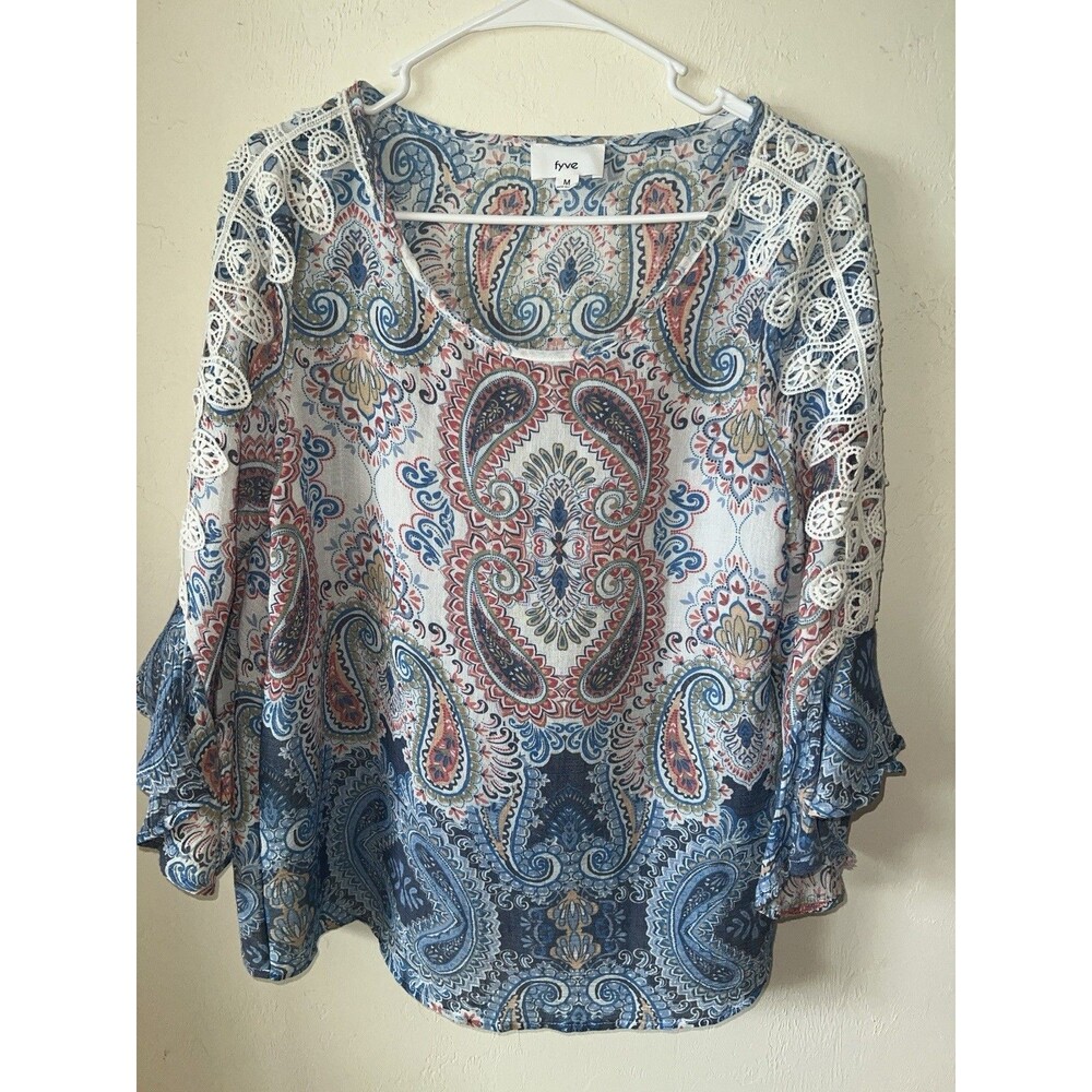 FRYE & CO Blouse Womens M Blue Paisley Chiffon Belle Sleeve Babydoll Top Boho - Picture 9 of 9
